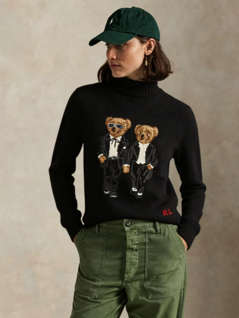 Zara Fall Winter Retro Double Breasted Bear Embroidery Patch High Neck Sweater